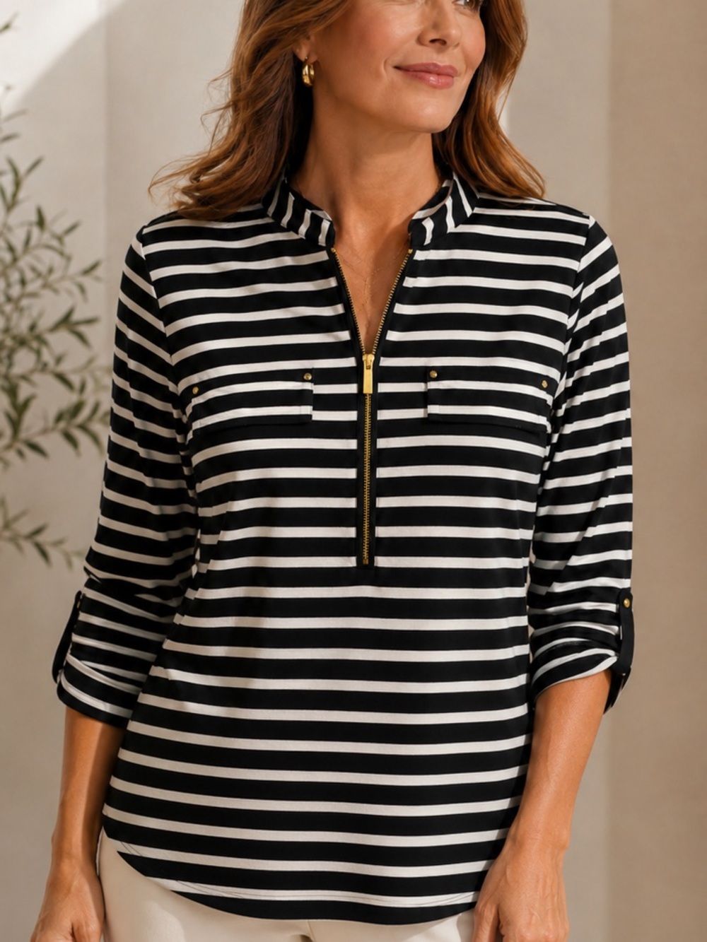 Calvin Klein Black White Stripe Zip Neck Jersey Top Women’s M Capsule Wardrobe